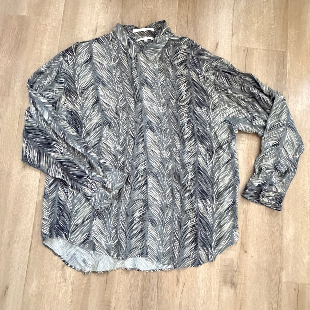 Perry Ellis Vintage Men Shirt Top Pure 100% Silk Button Up Abstract Leaf Size XL